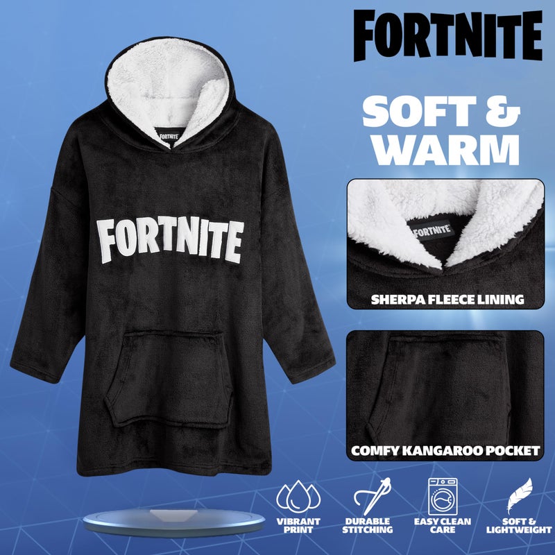FORTNITE بطانية هودي فورتنايت هدايا للأولاد والمراهقين، سترة فليس كبيرة مع غطاء رأس مبطن بشيربا، بطانية قابلة للارتداء للاعبين (طباعة سوداء للأطفال) - Image 3